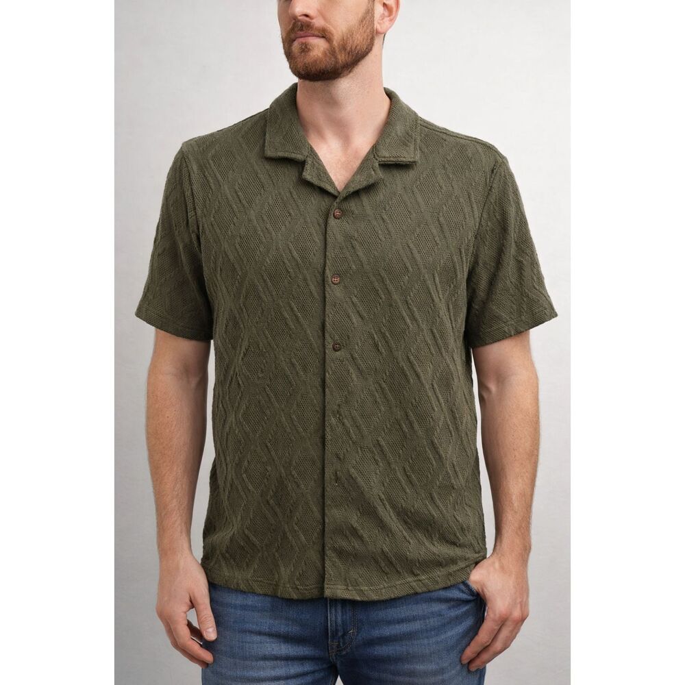 Distortion Men's Olive Green Knit Polo Shirt Textured Button Short Sleeve Size S